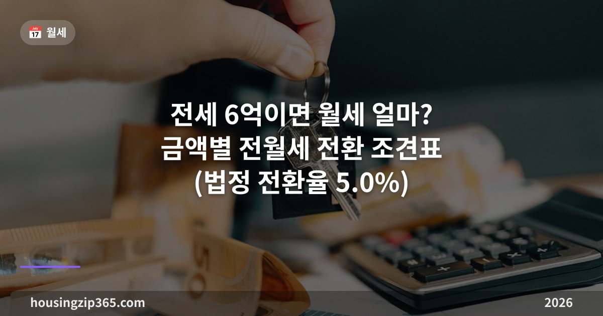 전세 6억이면 월세 얼마? 금액별 전월세 전환 조견표 (2026년 법정 전환율 5.0%)